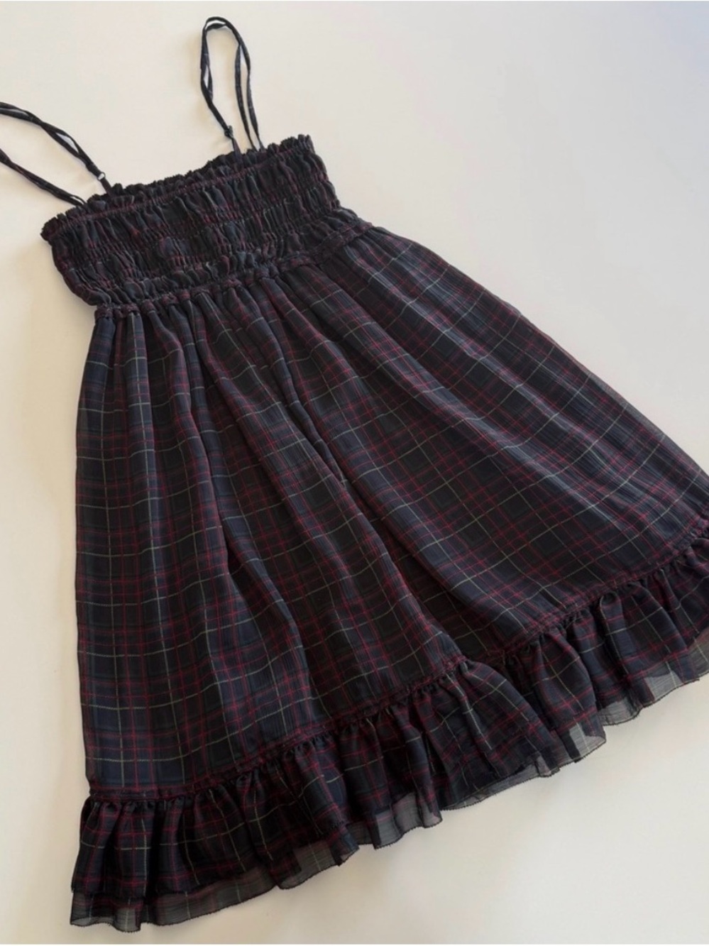 Ralph Lauren Black Plaid Smocked A-Line Dress with Ruffle Hem